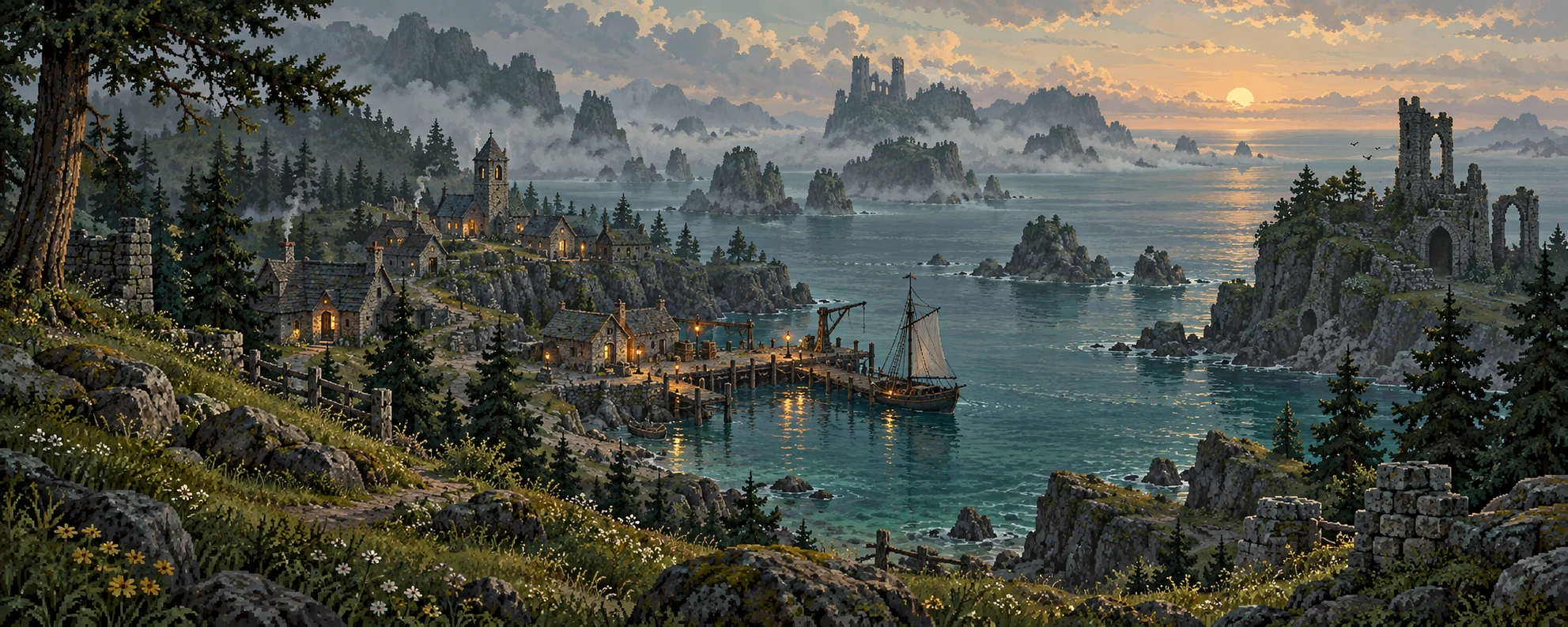 Atmospheric pixel art of a medieval coastal settlement