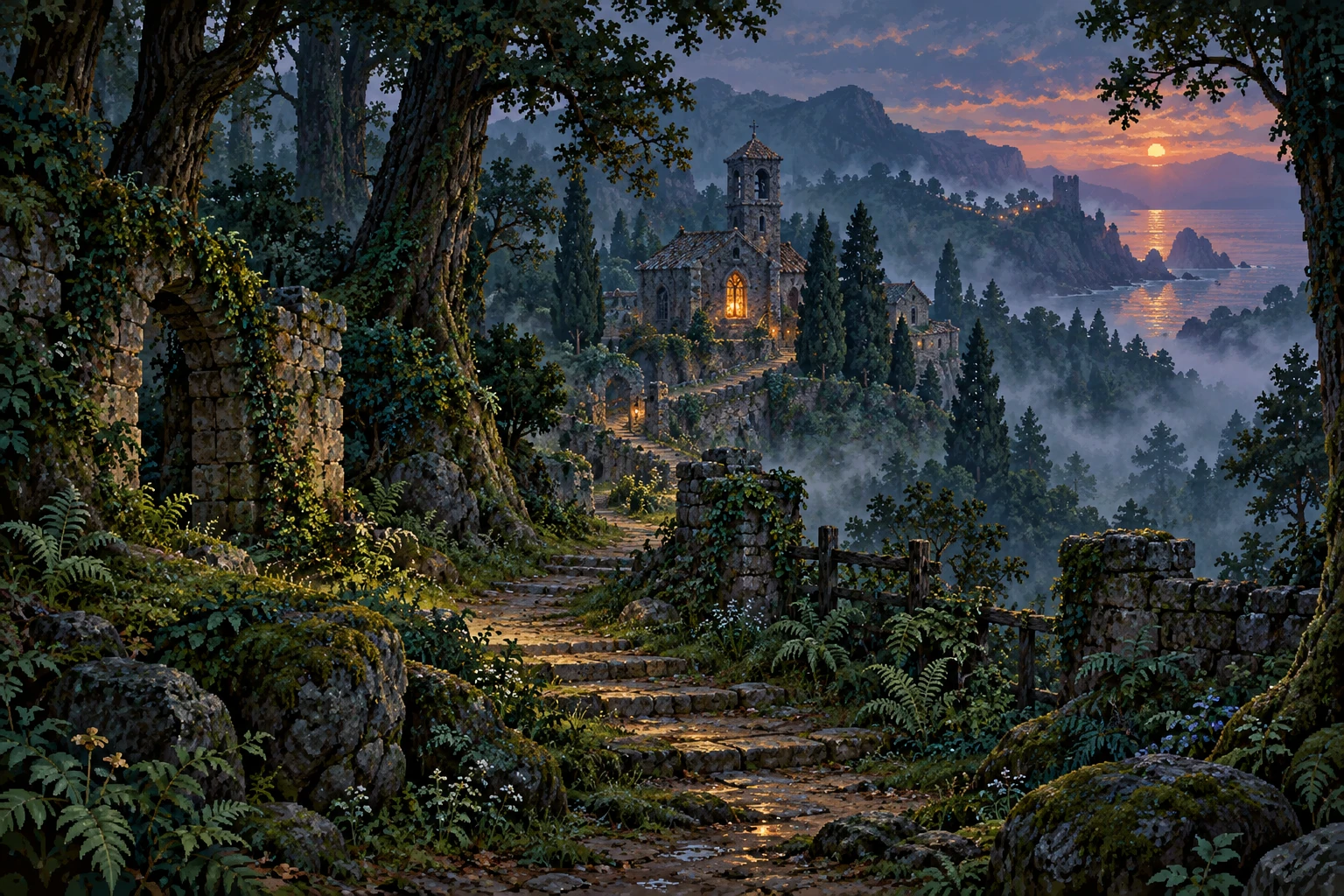 A winding forest path towards a distant village temple
