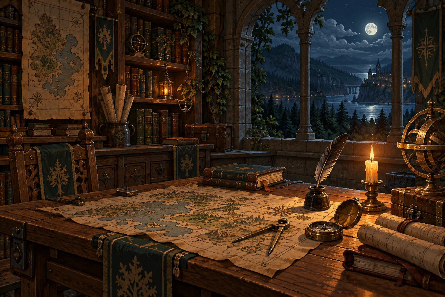 A candlelit cartographer’s study with maps and books